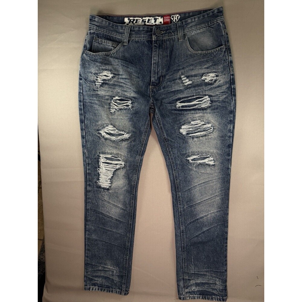Men’s Reset Platinum Denim Heavily Distressed Jeans 36x32 Medium Wash Edgy Hip